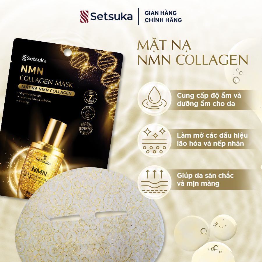 Mặt nạ Setsuka NMN Collagen 28ml giúp làm mờ các dấu hiệu lão hóa và nếp nhăn, săn chắc và mịn màng