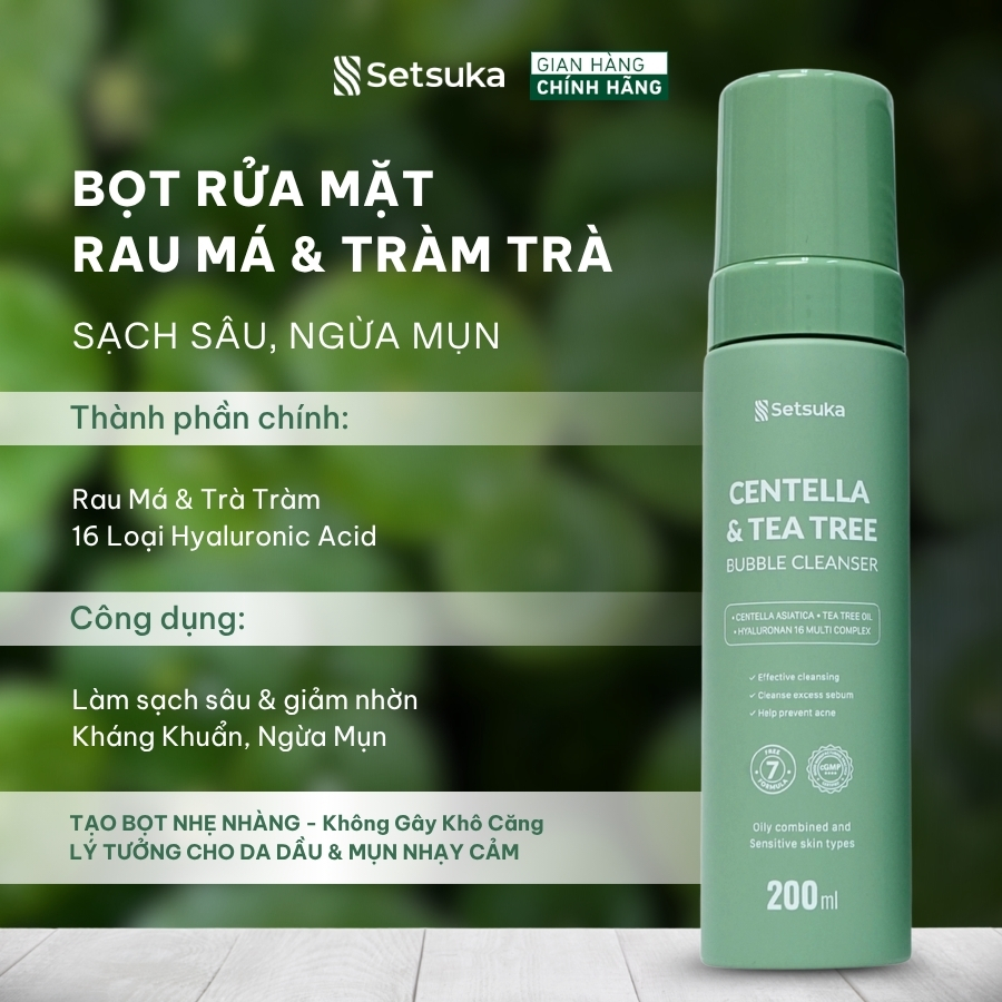 Bọt Rửa Mặt Rau má & Tràm trà Setsuka Sạch Sâu, Ngừa Mụn, dành cho da dầu mụn nhạy cảm 200ml