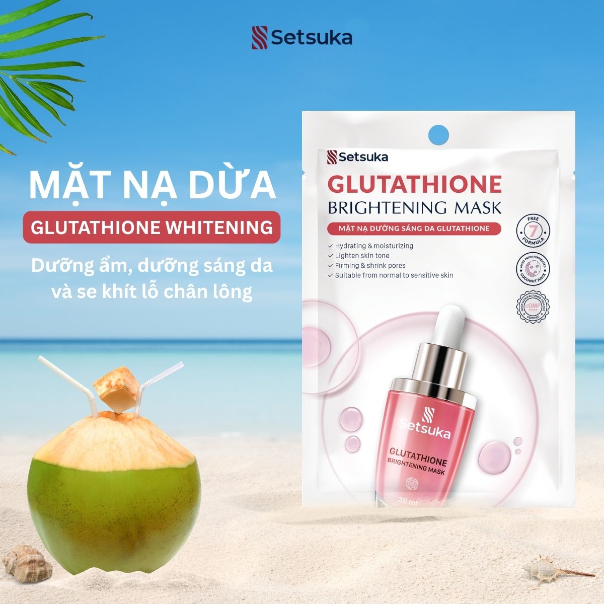 Mặt nạ dưỡng sáng da Glutathione - Setsuka MẶT NẠ DỪA SINH HỌC - làm sáng và làm đều màu da 28ml/miếng