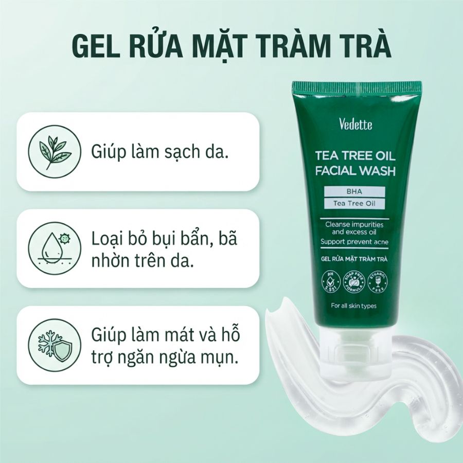 COMBO 1 Sữa rửa mặt 100ml + Gel chấm mụn 18ml Tinh dầu tràm trà Vedette Sạch da Dịu da Hỗ trợ ngăn ngừa mụn