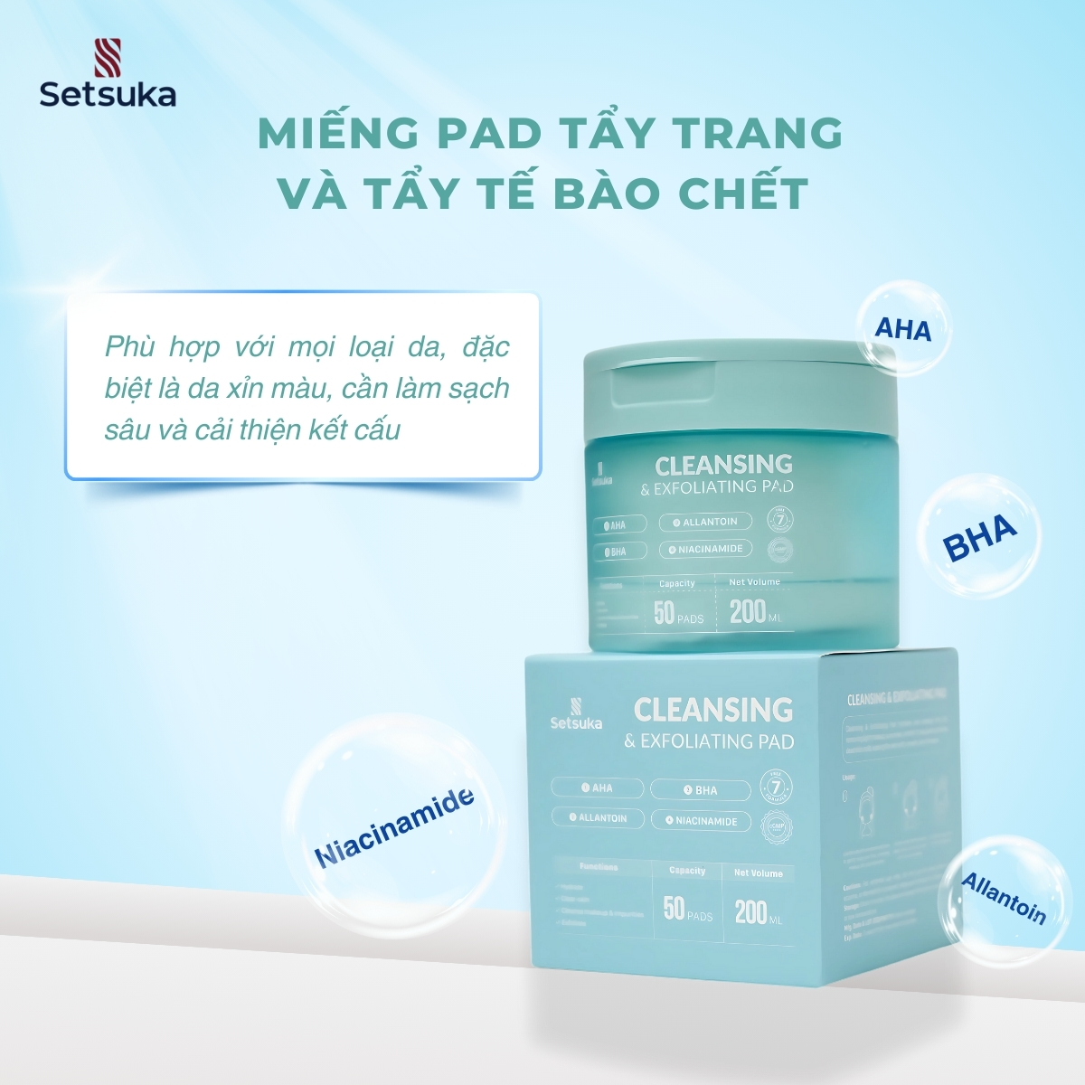 Toner Pad và Cleansing Pad Setsuka làm sạch và dưỡng da chuyên sâu, tẩy trang, dưỡng ẩm, se khít lỗ chân lông, săn chắc