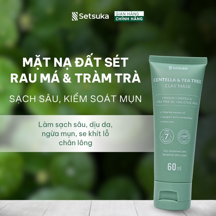 Mặt Nạ Đất Sét Rau má & Tràm trà Setsuka Làm Sạch Sâu, Kiểm Soát Mụn, se khít lỗ chân lông 60ml
