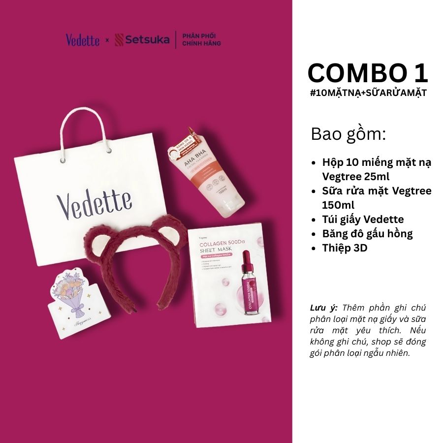 Quà tặng 20/10 COMBO QUÀ 200K chăm sóc da toàn diện từ nhiều thương hiệu Vedette-Setsuka-Vegtree