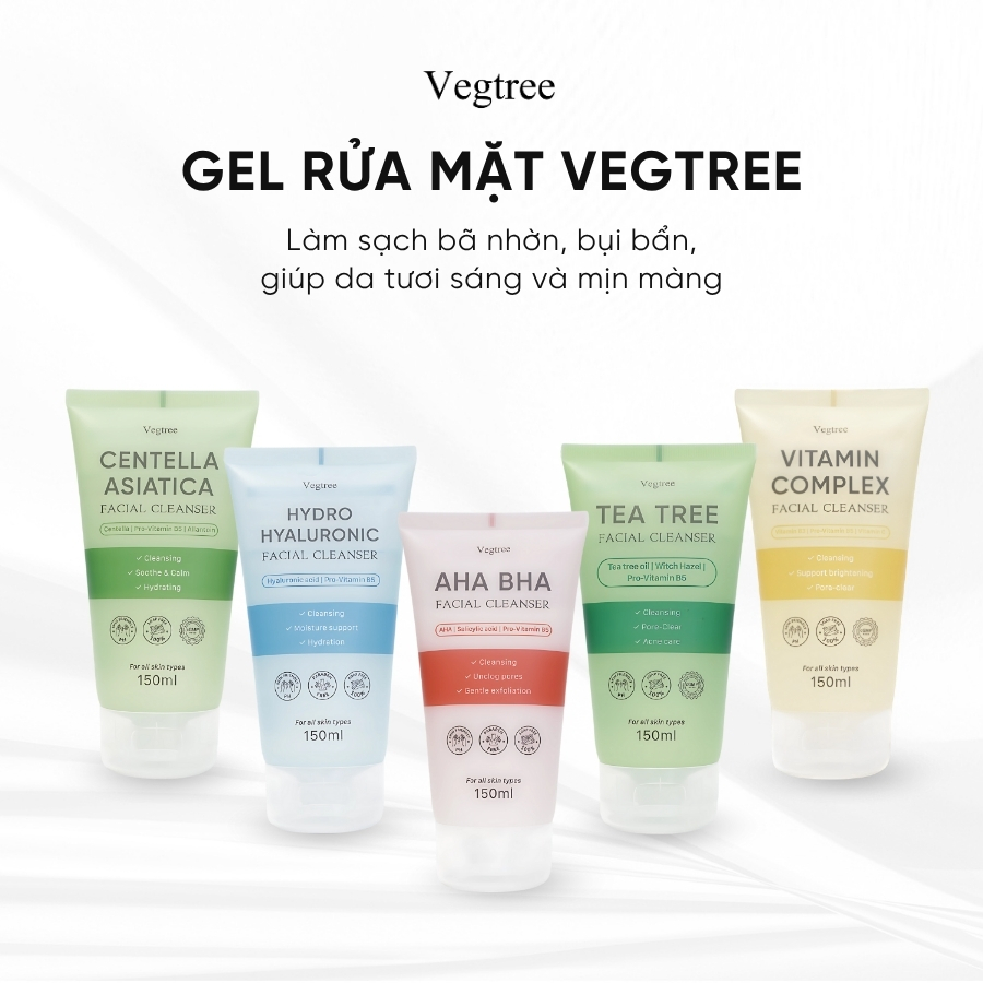 Gel rửa mặt VEGTREE làm sạch bụi bẩn và bã nhờn, dịu nhẹ cho mọi loại da, hỗ trợ dưỡng sáng da 150ml