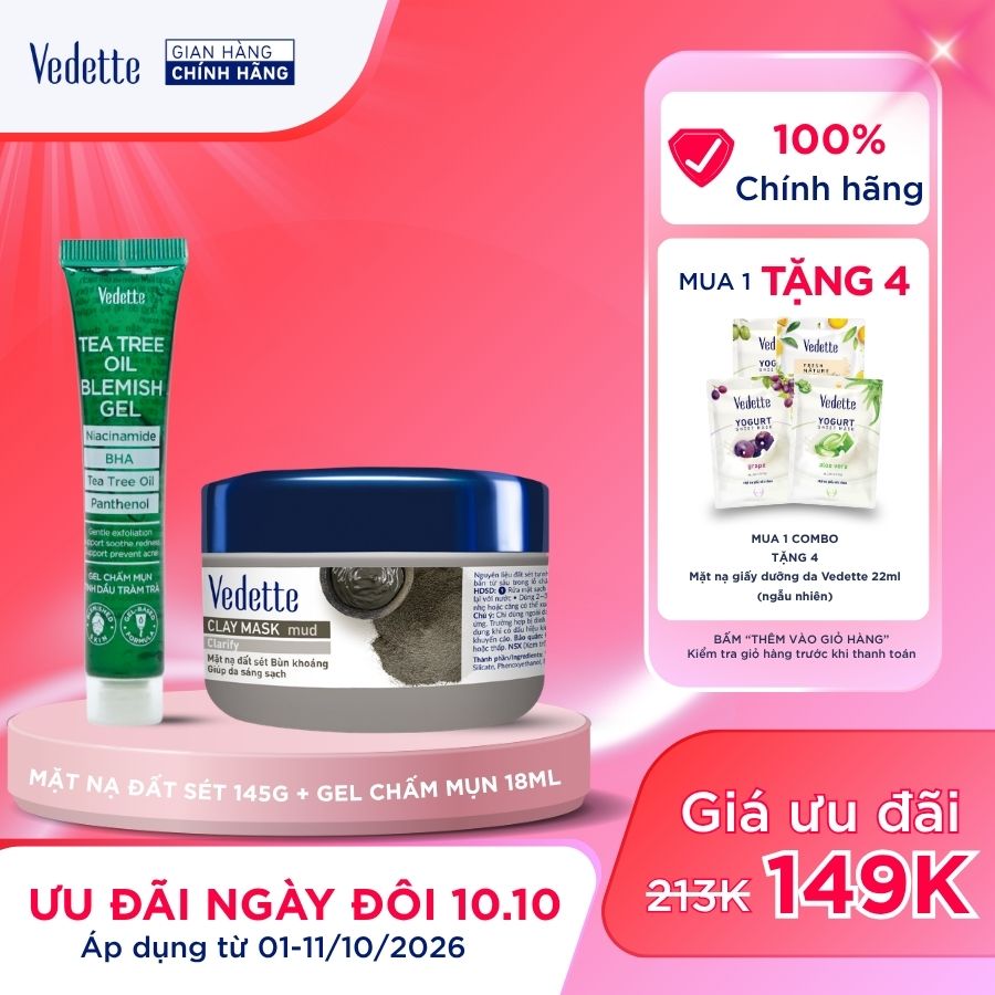 COMBO 1 Mặt nạ đất sét Vedette 145g + 1 Gel chấm mụn Tràm trà 18ml giúp da sạch dầu thừa, hỗ trợ ngăn ngừa mụn.