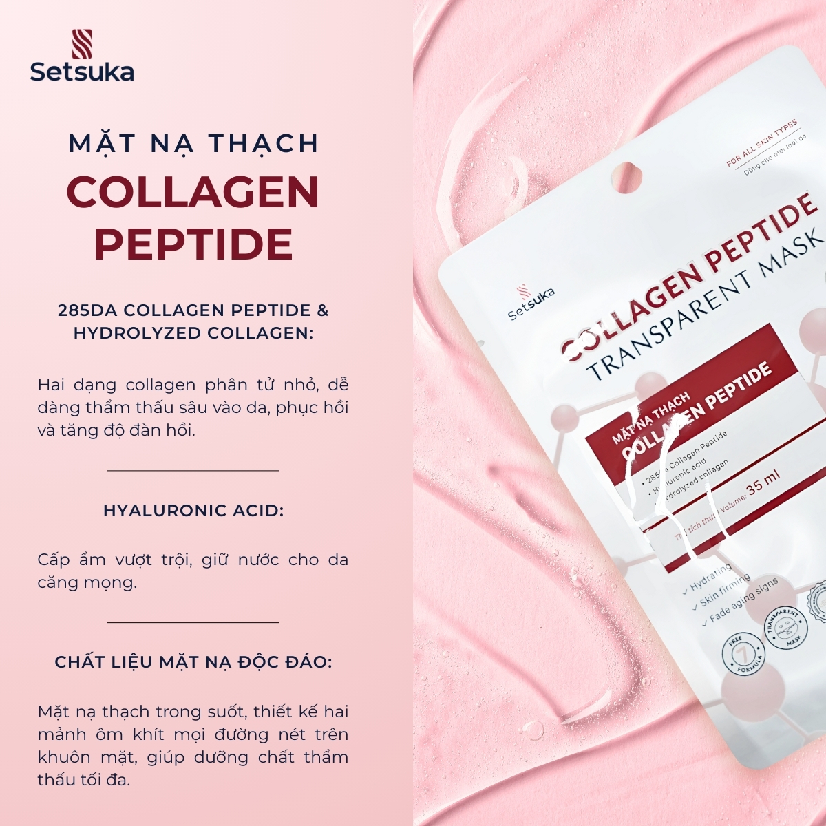 Mặt Nạ Thạch Collagen Peptide Transparent Setsuka giúp làm mờ các dấu hiệu lão hóa, se khít lỗ chân lông 35ml/miếng