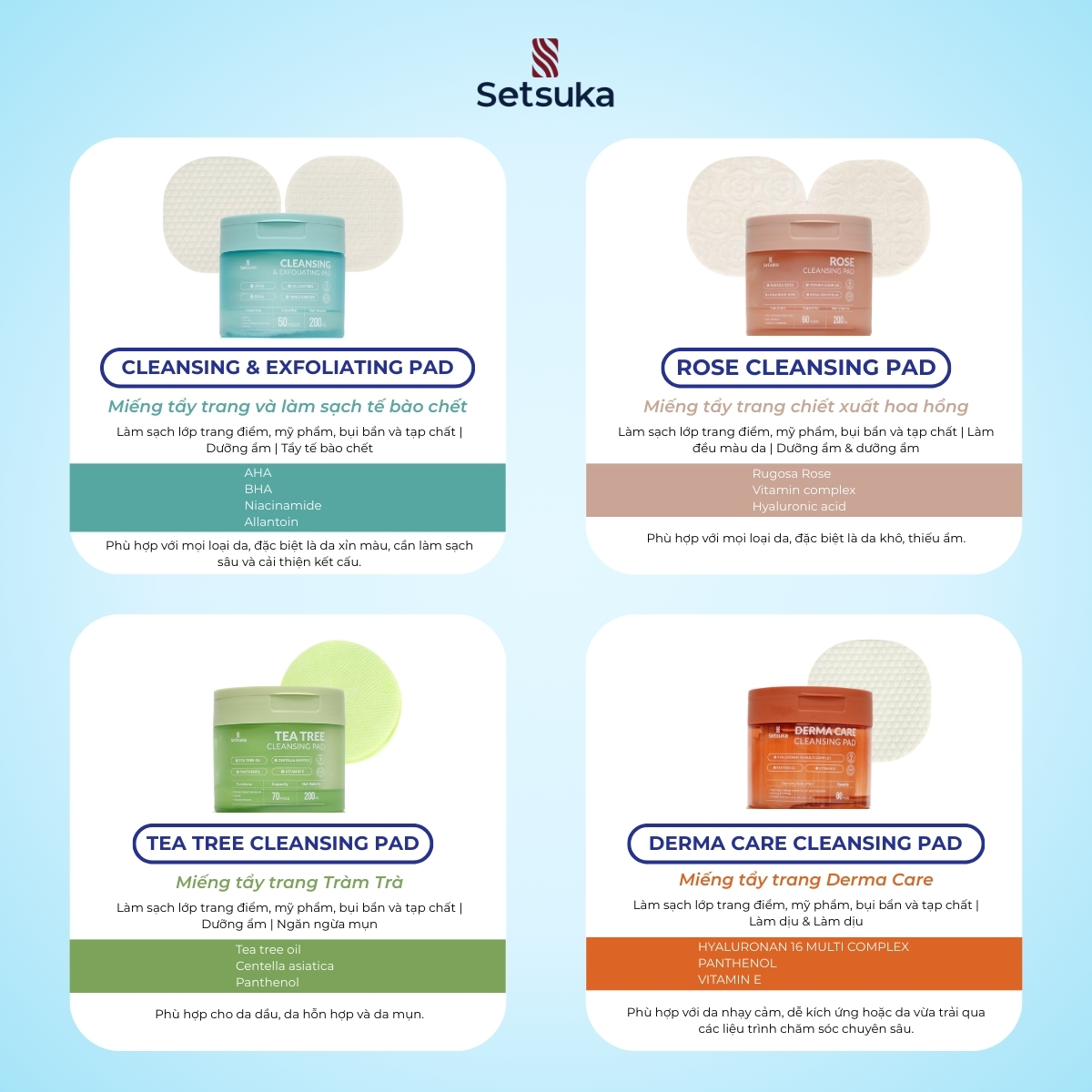Toner Pad và Cleansing Pad Setsuka làm sạch và dưỡng da chuyên sâu, tẩy trang, dưỡng ẩm, se khít lỗ chân lông, săn chắc