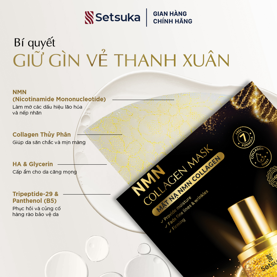 Mặt nạ Setsuka NMN Collagen 28ml giúp làm mờ các dấu hiệu lão hóa và nếp nhăn, săn chắc và mịn màng