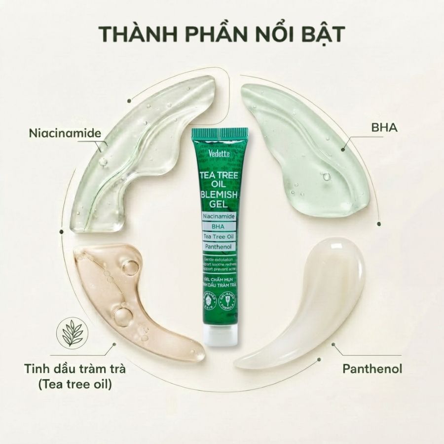 COMBO 1 Sữa rửa mặt 100ml + Gel chấm mụn 18ml Tinh dầu tràm trà Vedette Sạch da Dịu da Hỗ trợ ngăn ngừa mụn