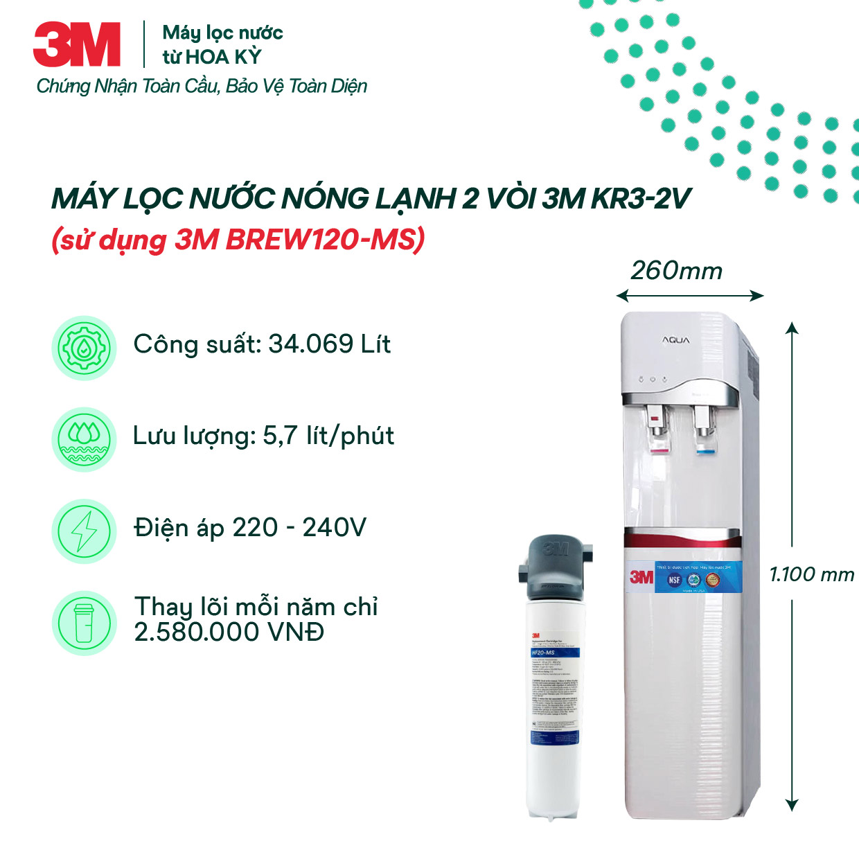 Cây Lọc Nước Nóng Lạnh 3M KR3-2V (Tích Hợp Máy Lọc Nước 3M BREW120-MS)