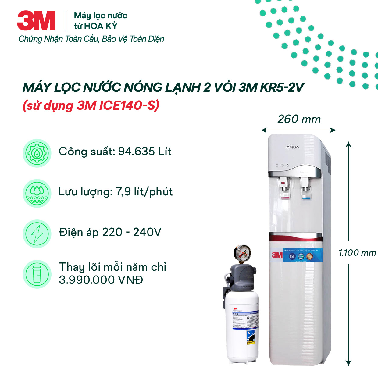 Cây Lọc Nước Nóng Lạnh 3M KR5-2V (Tích Hợp Máy Lọc Nước 3M ICE140-S)
