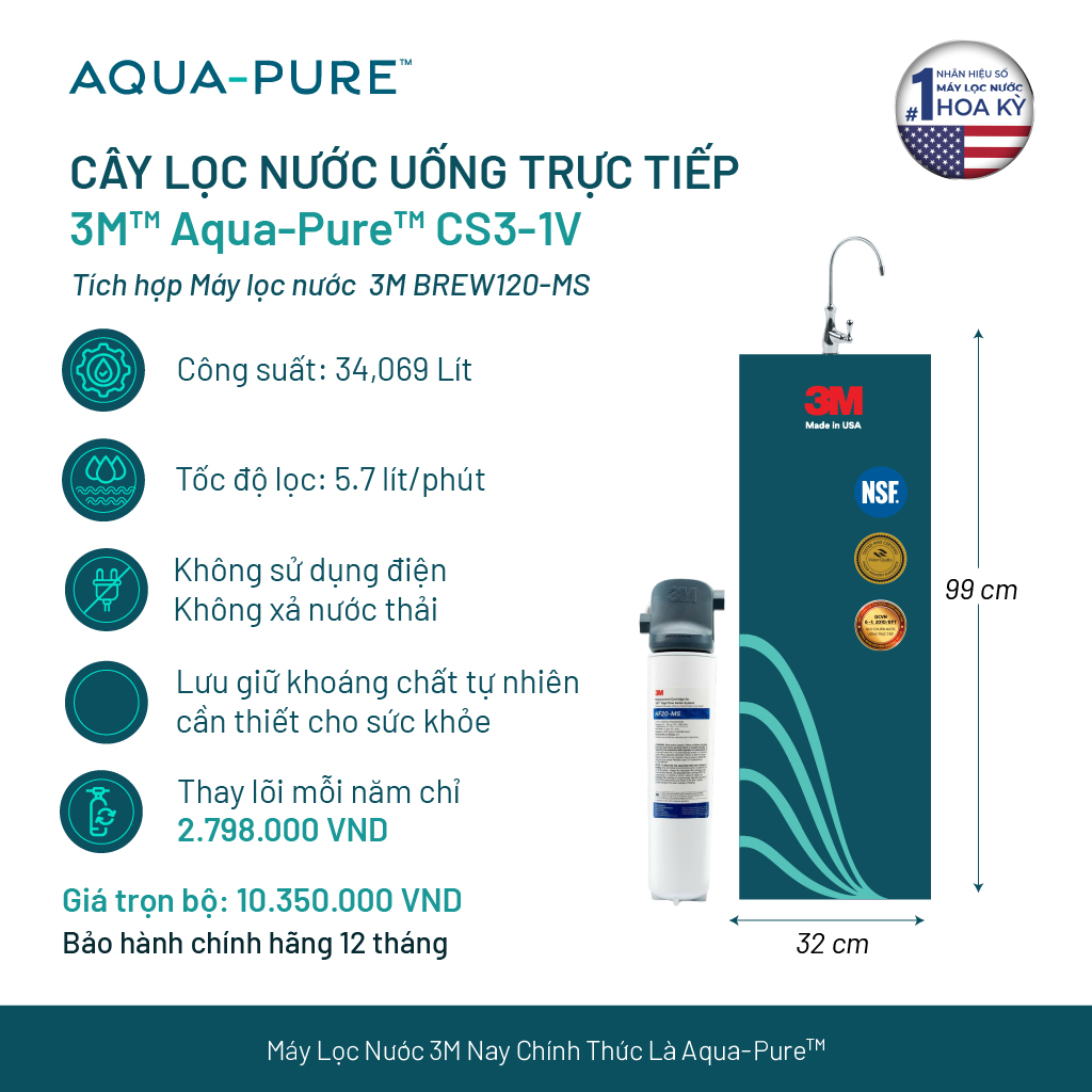 Cây Lọc Nước Uống Trực Tiếp 3M CS3-1V (Tích Hợp Máy Lọc Nước 3M BREW120-MS)