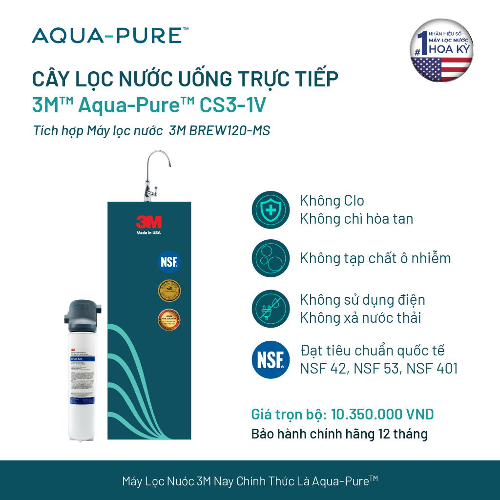 Cây Lọc Nước Uống Trực Tiếp 3M CS3-1V (Tích Hợp Máy Lọc Nước 3M BREW120-MS)