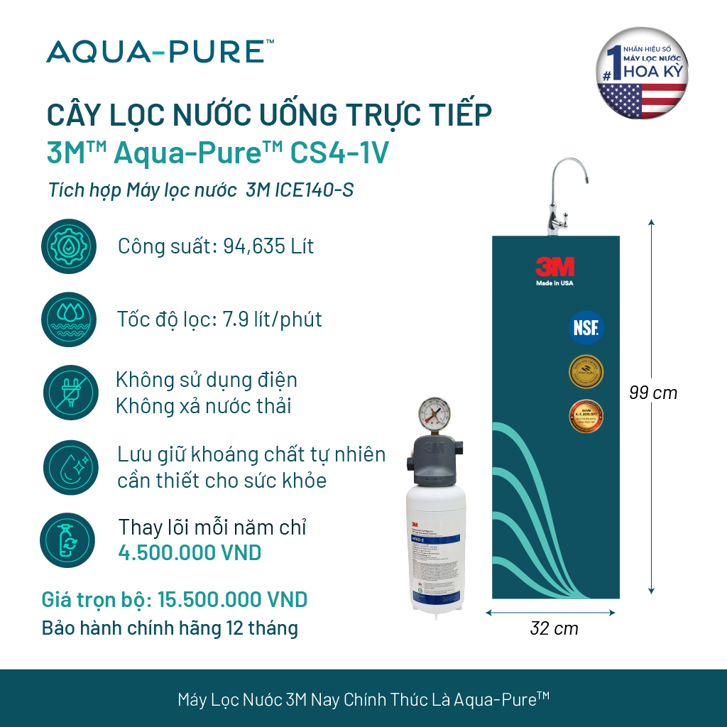 Cây Lọc Nước Uống Trực Tiếp 3M CS4-1V (Tích Hợp Máy Lọc Nước 3M ICE140-S)