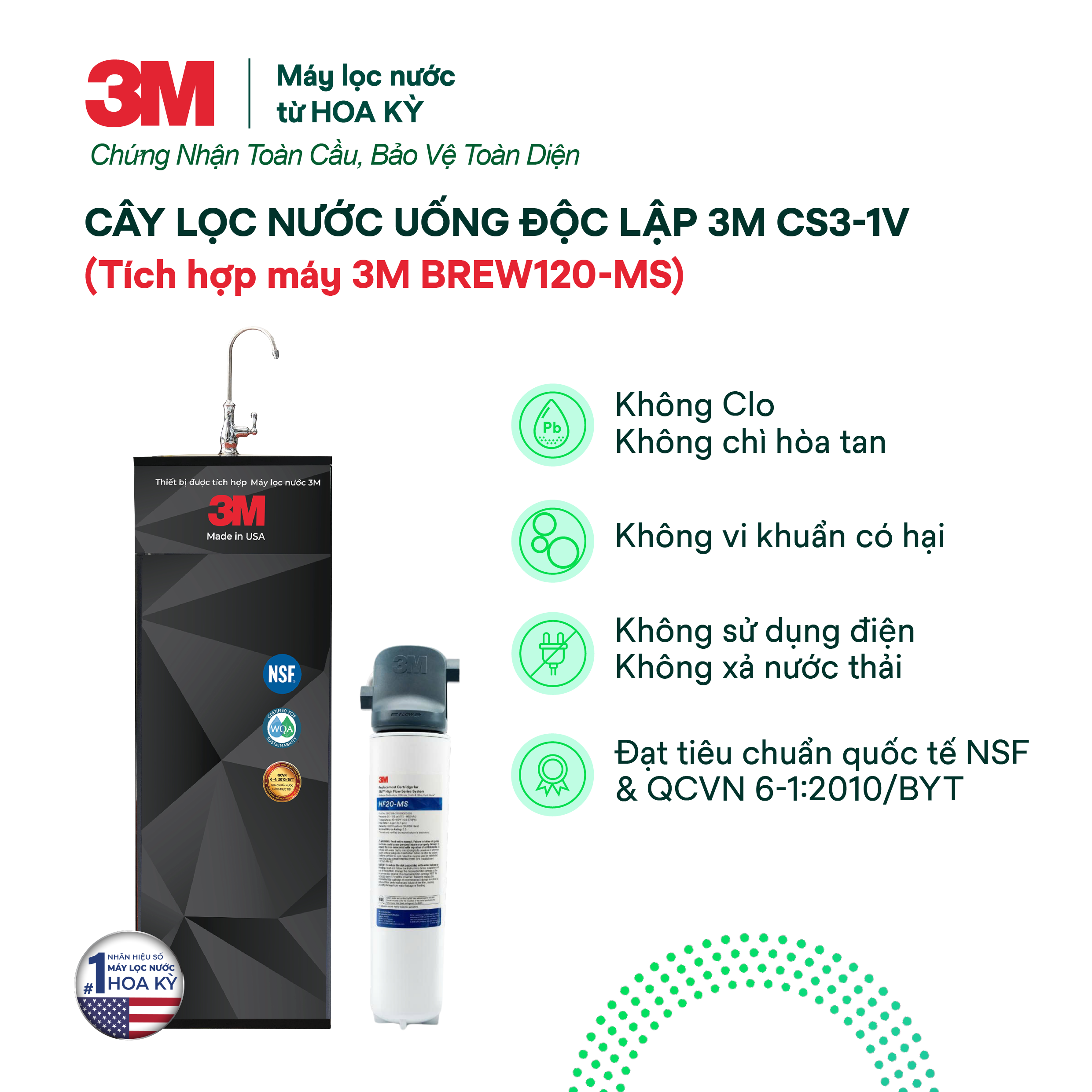 Cây Lọc Nước Uống Trực Tiếp 3M CS3-1V (Tích Hợp Máy Lọc Nước 3M BREW120-MS)