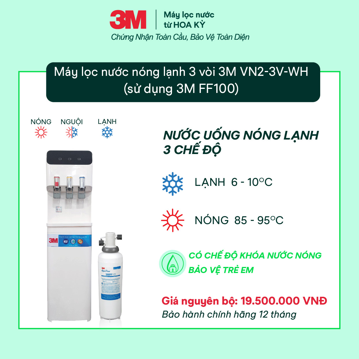 Cây Lọc Nước Nóng Lạnh 3M VN2-3V - MÀU TRẮNG (Sử Dụng 3M FF100)