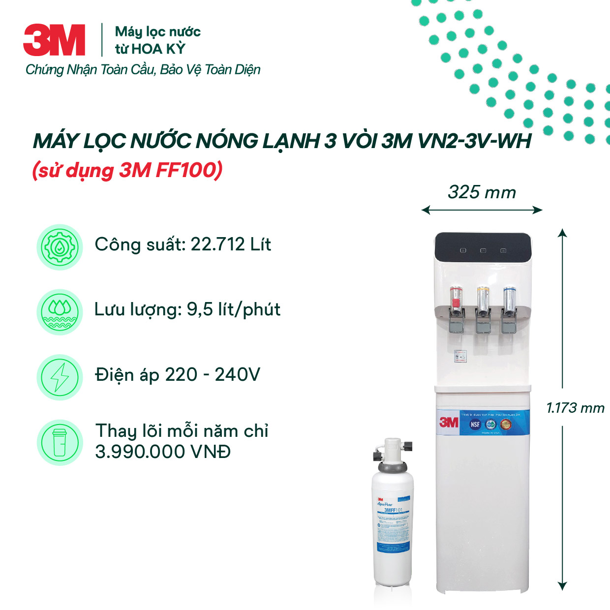 Cây Lọc Nước Nóng Lạnh 3M VN2-3V - MÀU TRẮNG (Sử Dụng 3M FF100)