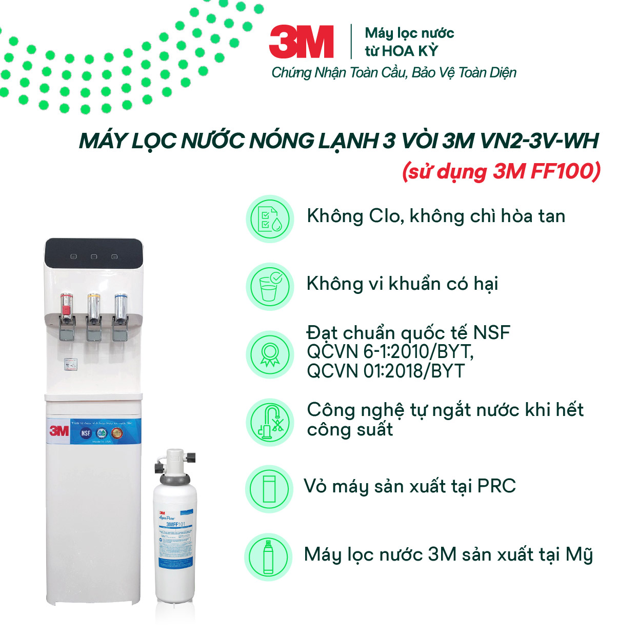 Cây Lọc Nước Nóng Lạnh 3M VN2-3V - MÀU TRẮNG (Sử Dụng 3M FF100)