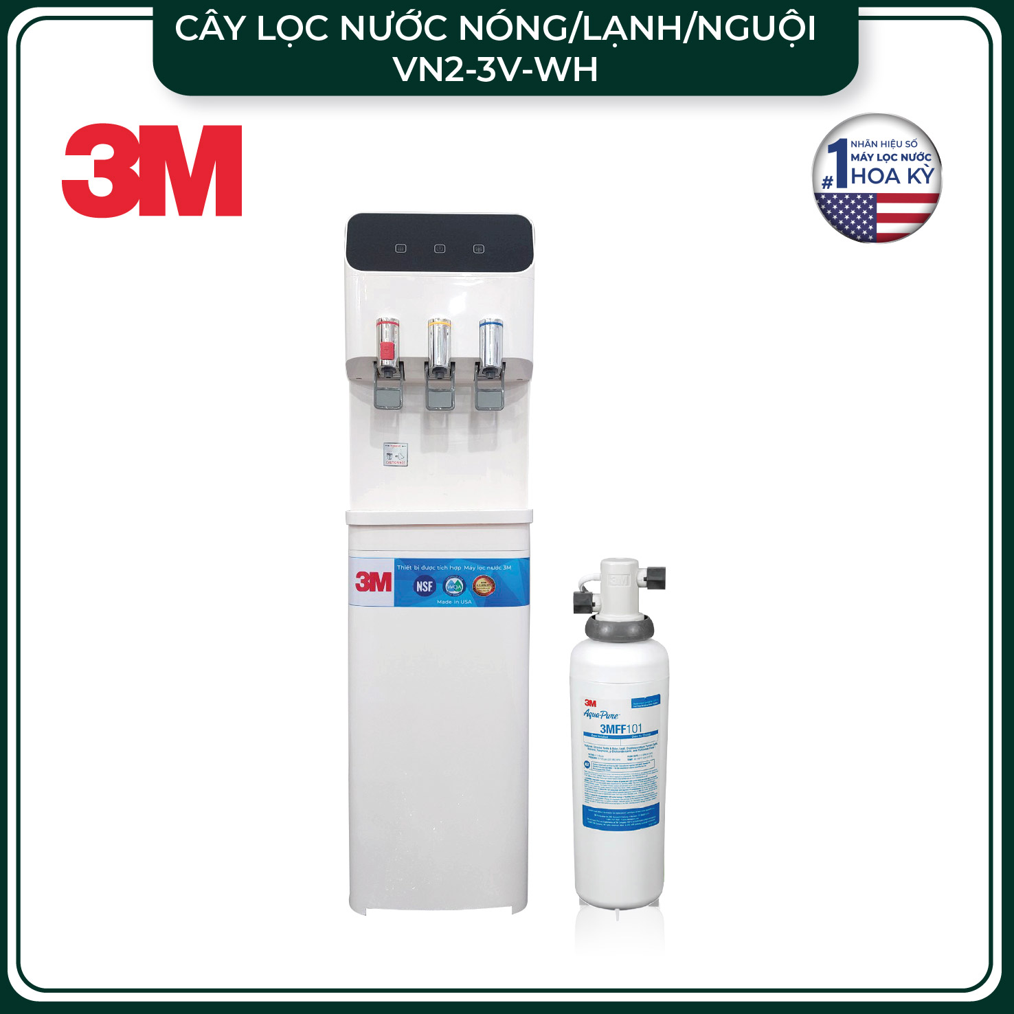 Cây Lọc Nước Nóng Lạnh 3M VN2-3V - MÀU TRẮNG (Sử Dụng 3M FF100)