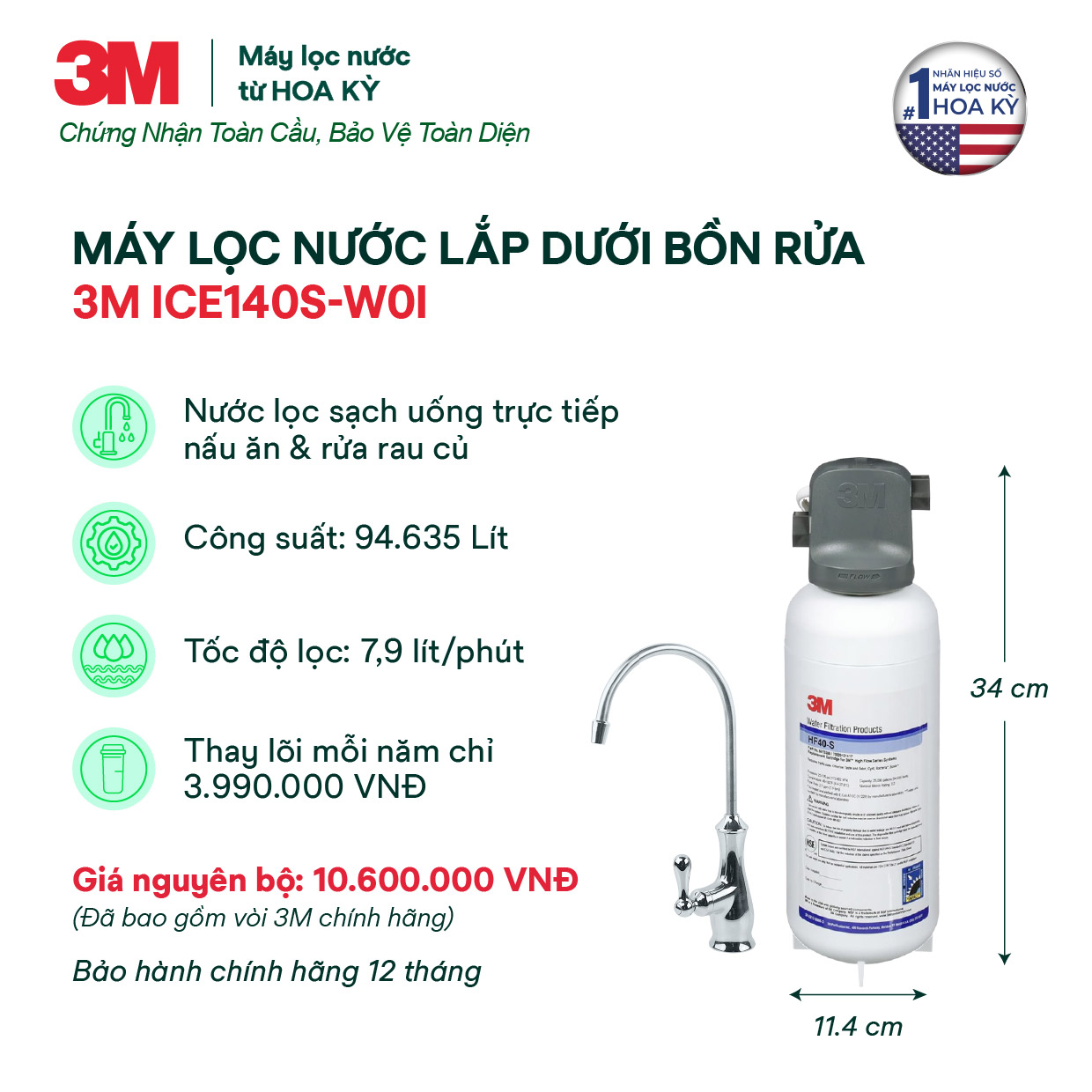 Máy Lọc Nước Lắp Dưới Bồn Rửa 3M ICE140S-WOI Kèm Vòi 3M
