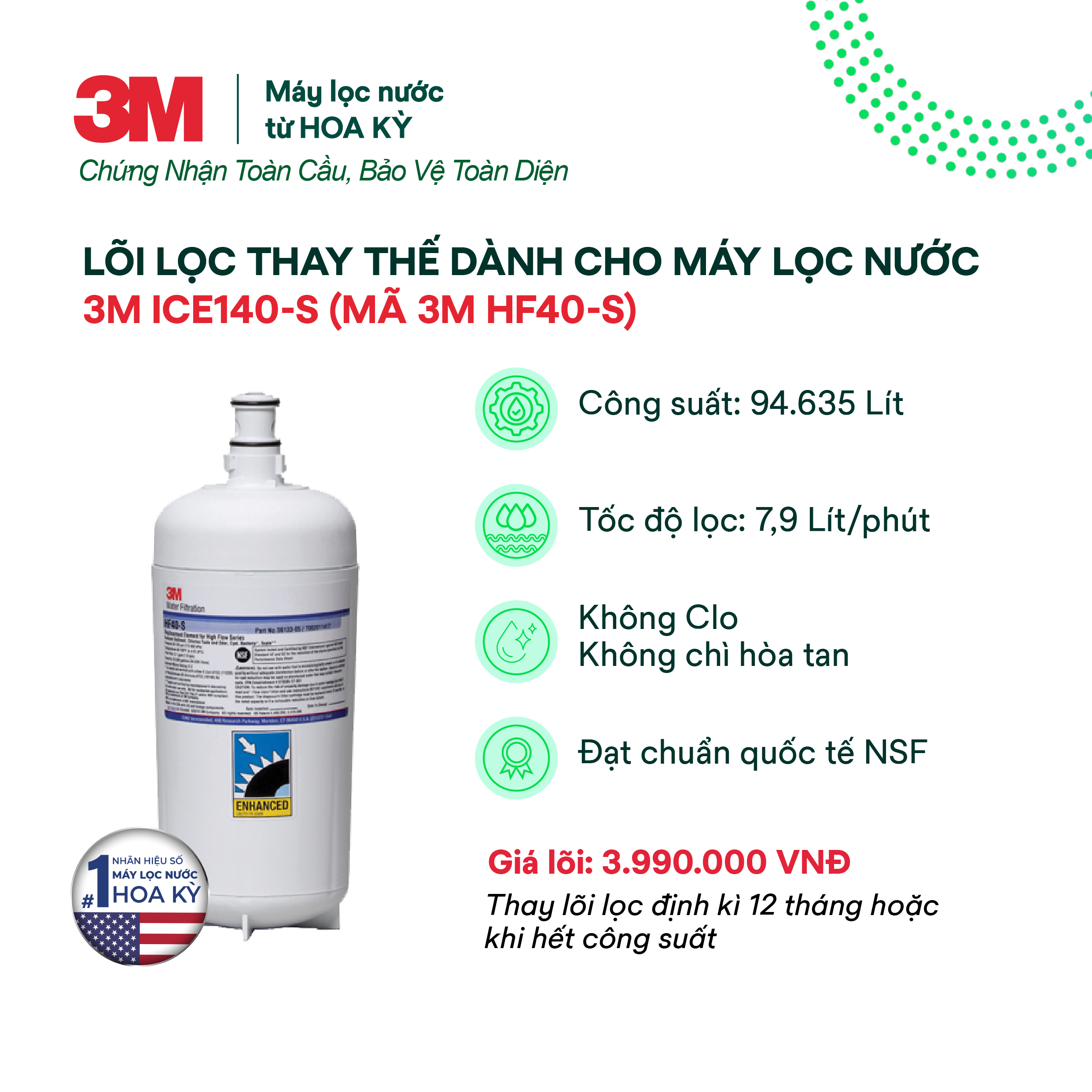 Lõi Thay Cho Máy Lọc Nước 3M ICE140-S (MÃ HF40-S và FF100)