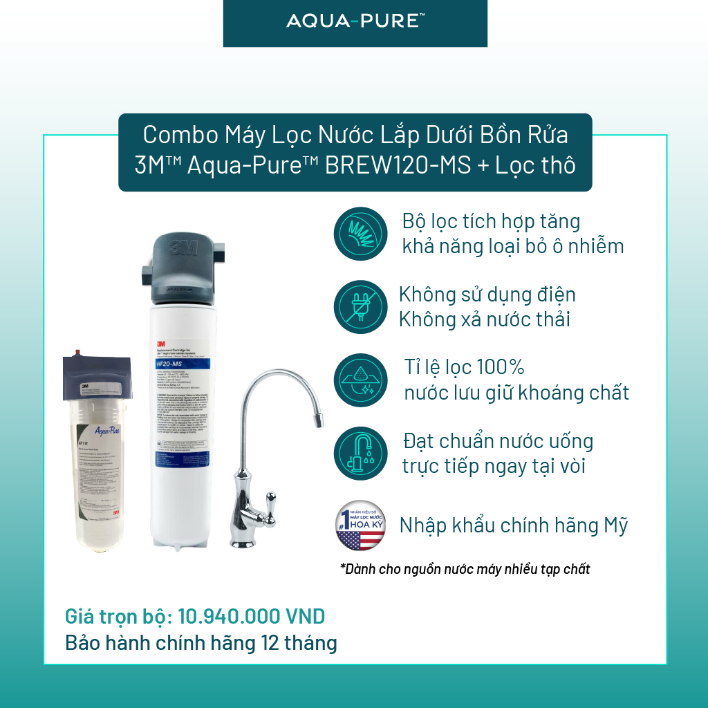 Bộ Sản Phẩm Máy Lọc Nước Lắp Dưới Bồn Rửa 3M BREW120-MS Kèm Lọc Thô Cao Cấp