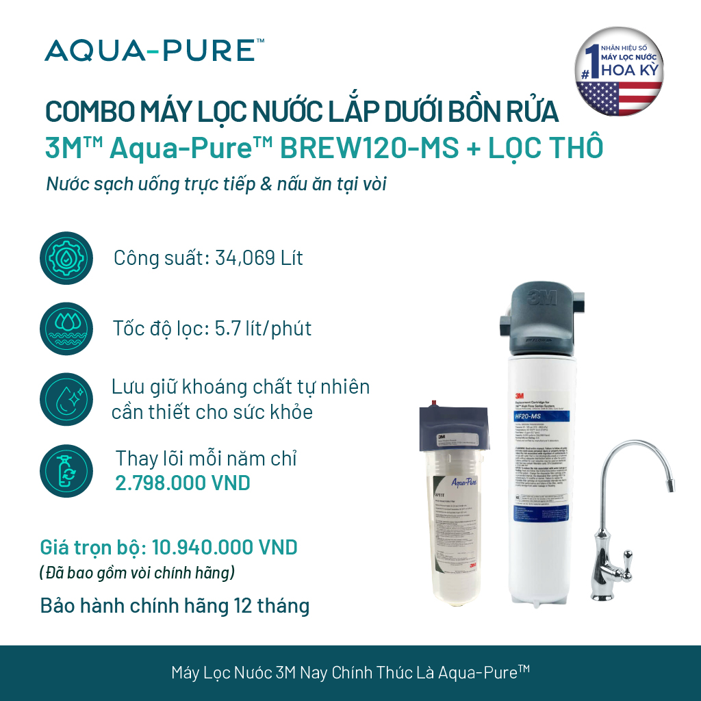 Bộ Sản Phẩm Máy Lọc Nước Lắp Dưới Bồn Rửa 3M BREW120-MS Kèm Lọc Thô Cao Cấp