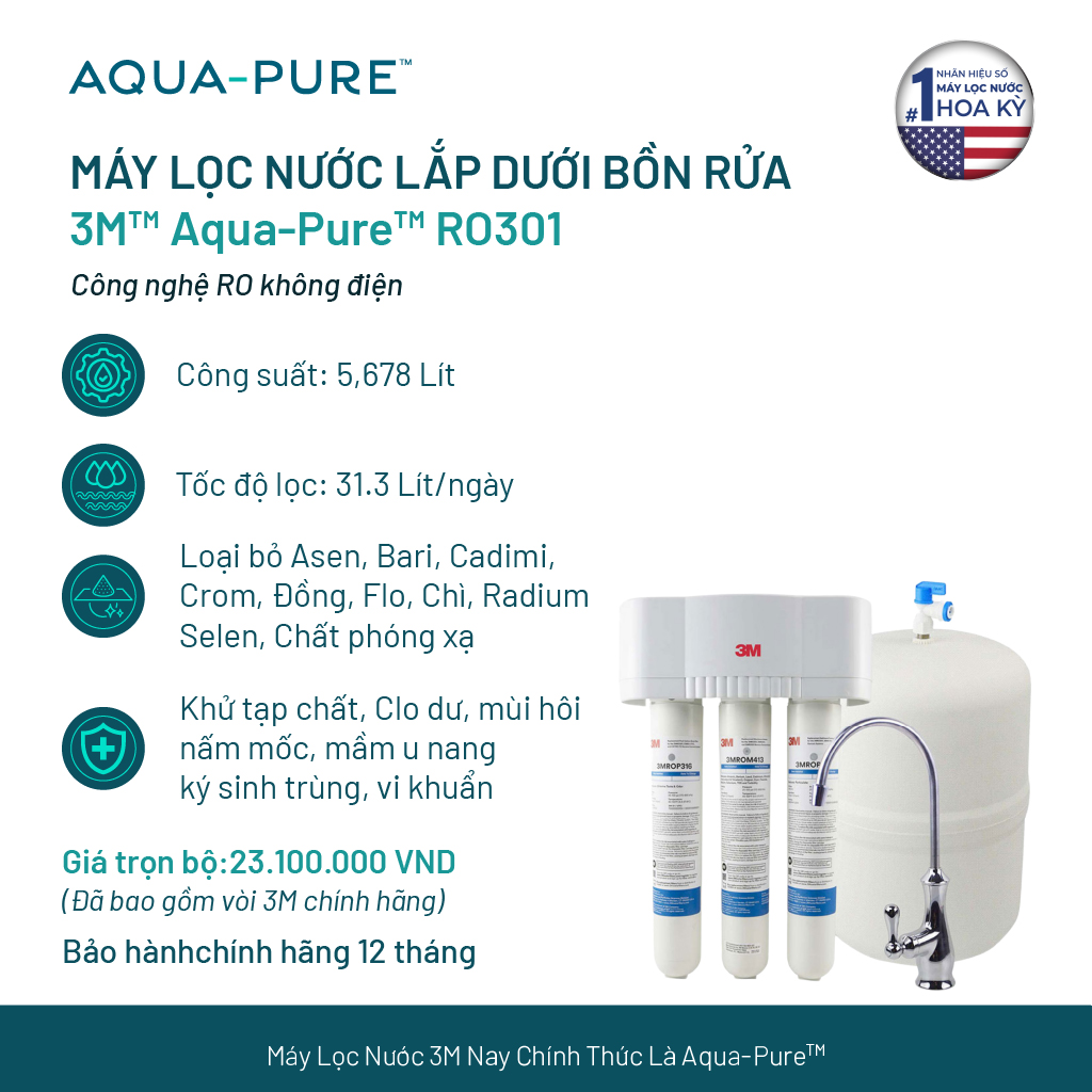 Máy Lọc Nước Lắp Dưới Bồn Rửa 3M Aqua-Pure RO301 - Công Nghệ RO Không Dùng Điện