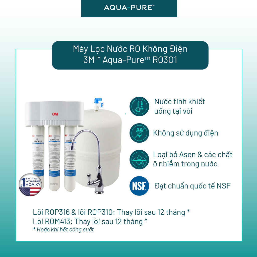 Máy Lọc Nước Lắp Dưới Bồn Rửa 3M Aqua-Pure RO301 - Công Nghệ RO Không Dùng Điện