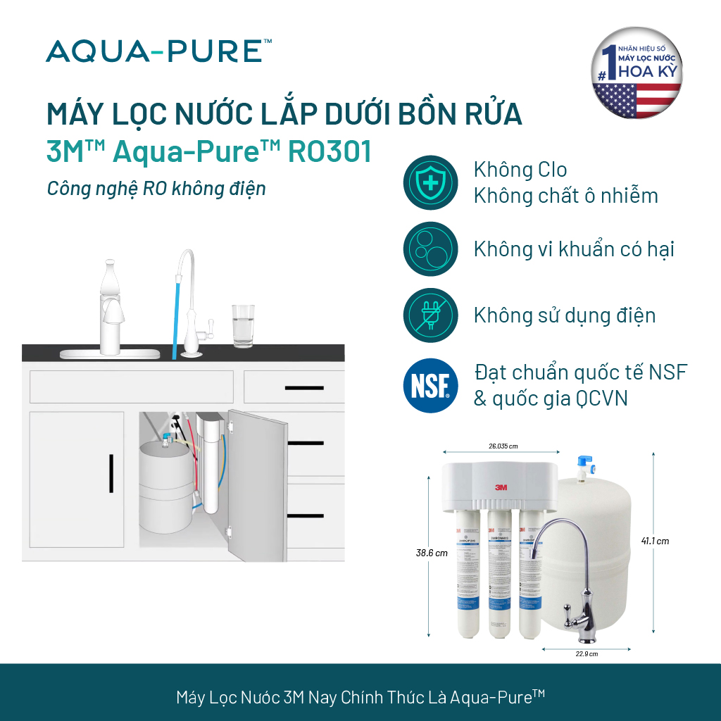 Máy Lọc Nước Lắp Dưới Bồn Rửa 3M Aqua-Pure RO301 - Công Nghệ RO Không Dùng Điện