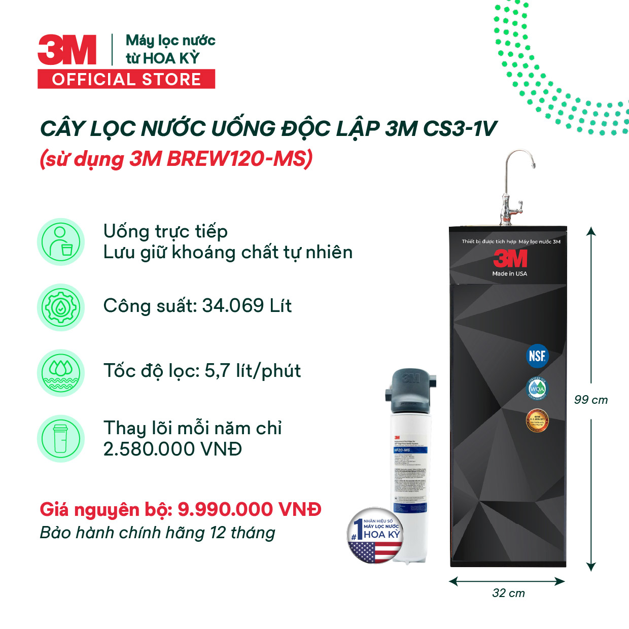 Cây Lọc Nước Uống Trực Tiếp 3M CS3-1V (Tích Hợp Máy Lọc Nước 3M BREW120-MS)