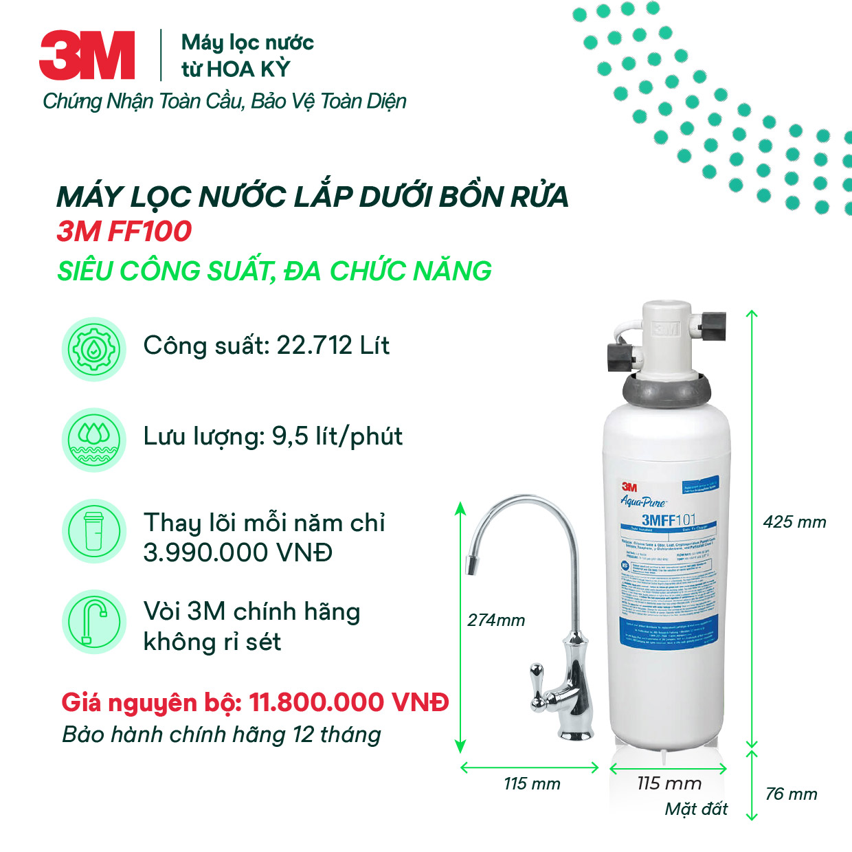 Máy Lọc Nước Lắp Dưới Bồn Rửa 3M FF100 Kèm Vòi 3M