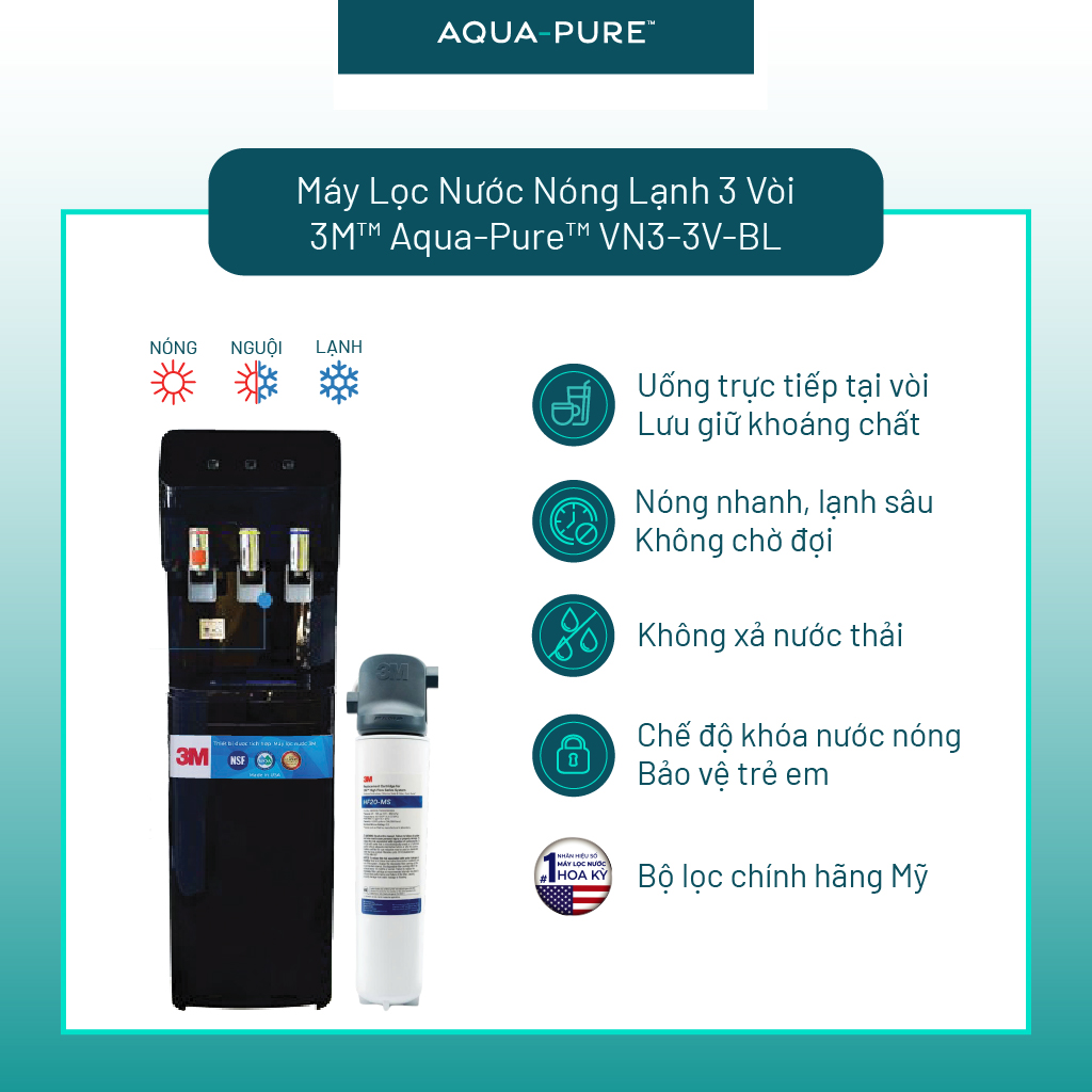 Cây Lọc Nước Nóng Lạnh VN3-3V (Tích Hợp Máy Lọc Nước 3M BREW120-MS) - Màu Đen