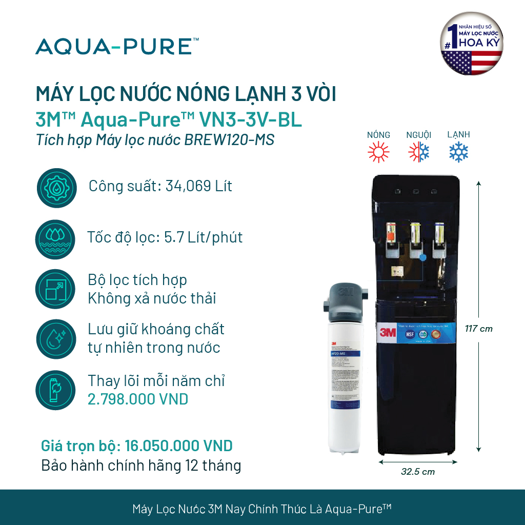 Cây Lọc Nước Nóng Lạnh VN3-3V (Tích Hợp Máy Lọc Nước 3M BREW120-MS) - Màu Đen