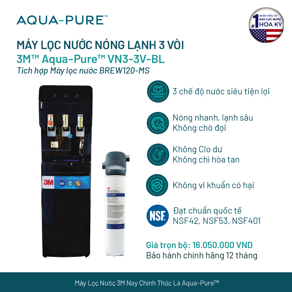 Cây Lọc Nước Nóng Lạnh VN3-3V (Tích Hợp Máy Lọc Nước 3M BREW120-MS) - Màu Đen