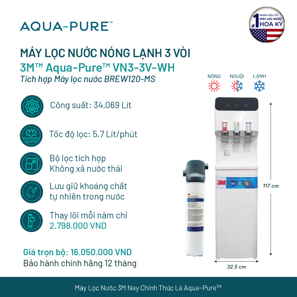Cây Lọc Nước Nóng Lạnh 3M VN3-3V (Tích Hợp Máy Lọc Nước 3M BREW120-MS)