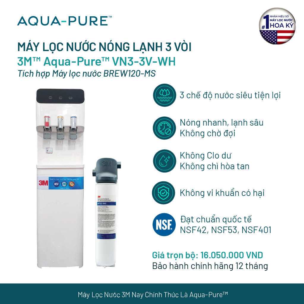 Cây Lọc Nước Nóng Lạnh 3M VN3-3V (Tích Hợp Máy Lọc Nước 3M BREW120-MS)