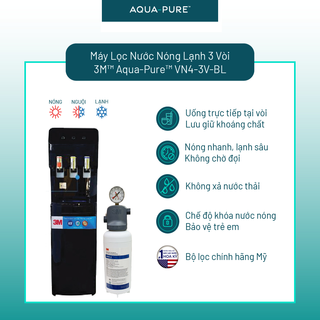 Cây Lọc Nước Nóng Lạnh 3M VN4-3V-BL (Tích Hợp Máy Lọc Nước 3M ICE140-S)
