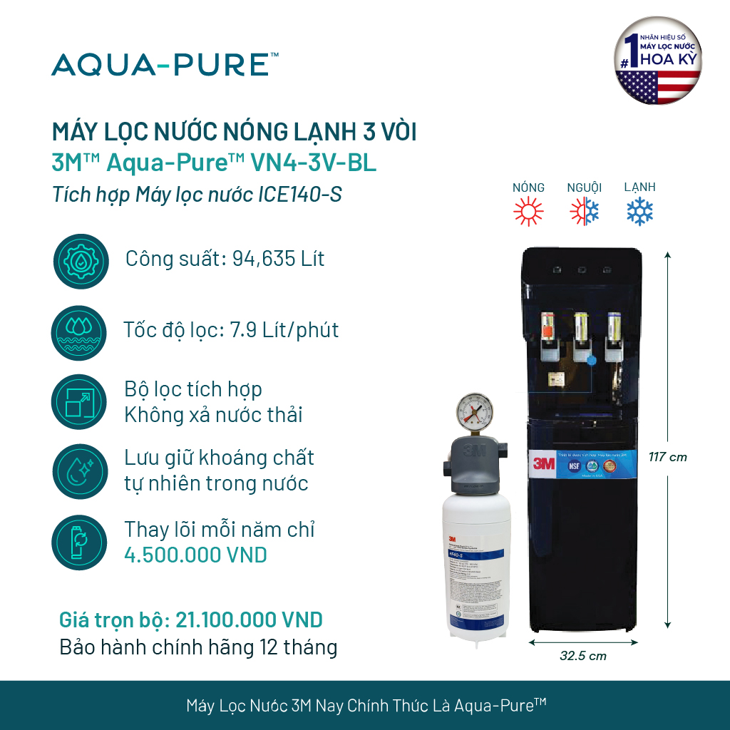 Cây Lọc Nước Nóng Lạnh 3M VN4-3V-BL (Tích Hợp Máy Lọc Nước 3M ICE140-S)