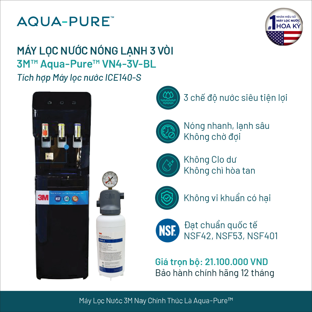 Cây Lọc Nước Nóng Lạnh 3M VN4-3V-BL (Tích Hợp Máy Lọc Nước 3M ICE140-S)