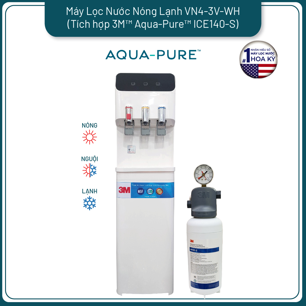 Cây Lọc Nước Nóng Lạnh 3M VN4-3V-WH- Màu Trắng (Tích Hợp Máy Lọc Nước 3M ICE140-S)