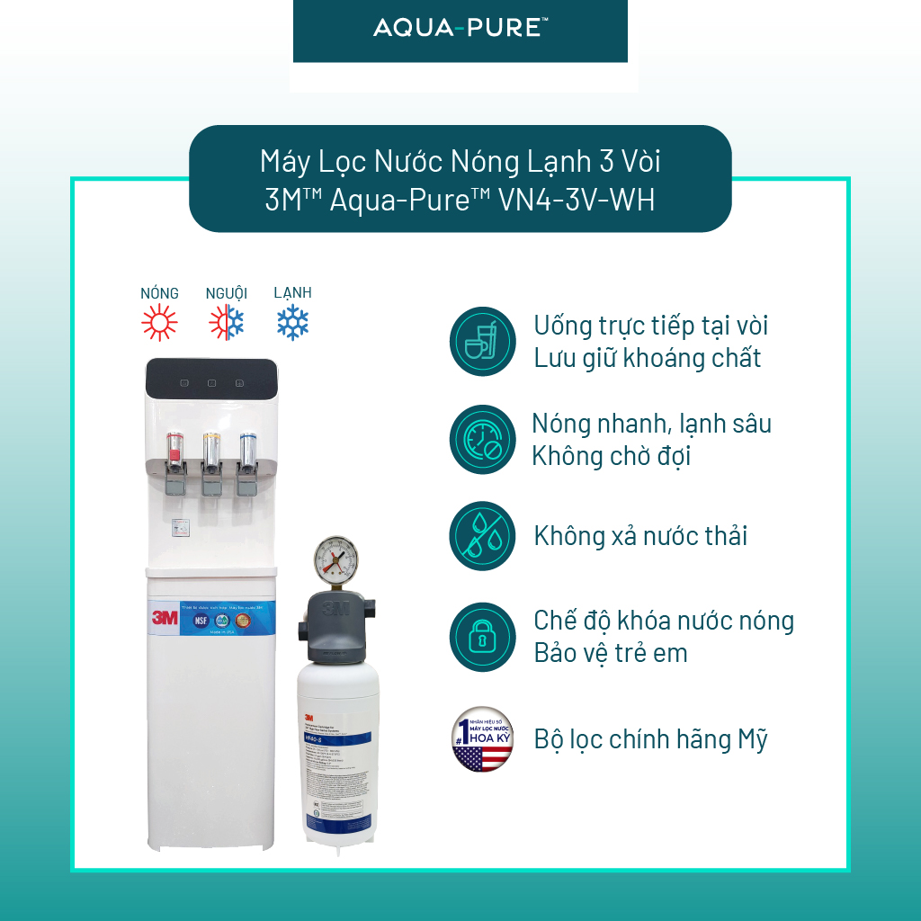 Cây Lọc Nước Nóng Lạnh 3M VN4-3V-WH- Màu Trắng (Tích Hợp Máy Lọc Nước 3M ICE140-S)