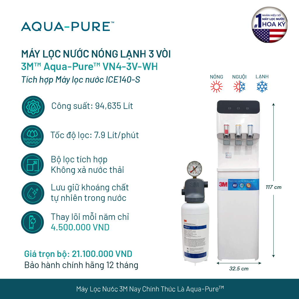 Cây Lọc Nước Nóng Lạnh 3M VN4-3V-WH- Màu Trắng (Tích Hợp Máy Lọc Nước 3M ICE140-S)