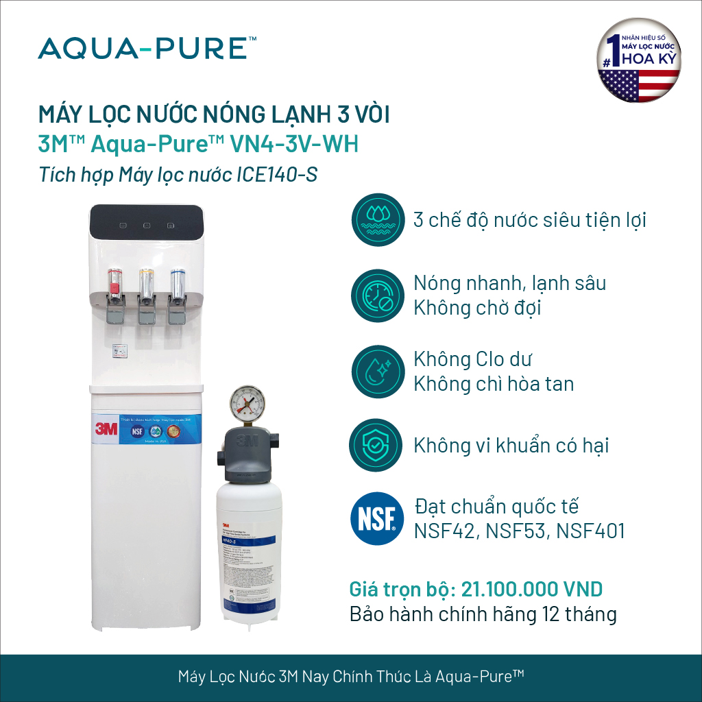 Cây Lọc Nước Nóng Lạnh 3M VN4-3V-WH- Màu Trắng (Tích Hợp Máy Lọc Nước 3M ICE140-S)