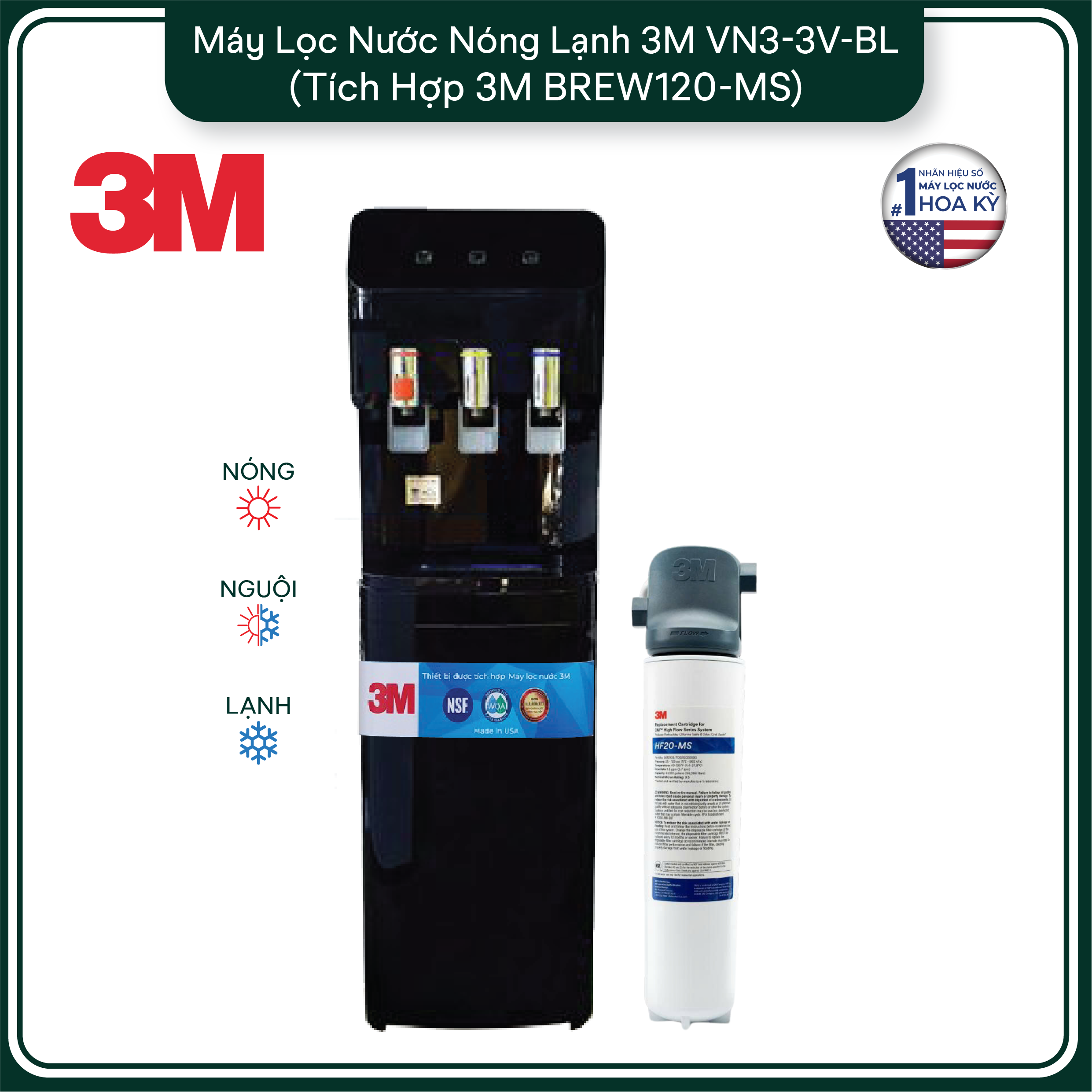 Cây Lọc Nước Nóng Lạnh VN3-3V (Tích Hợp Máy Lọc Nước 3M BREW120-MS) - Màu Đen