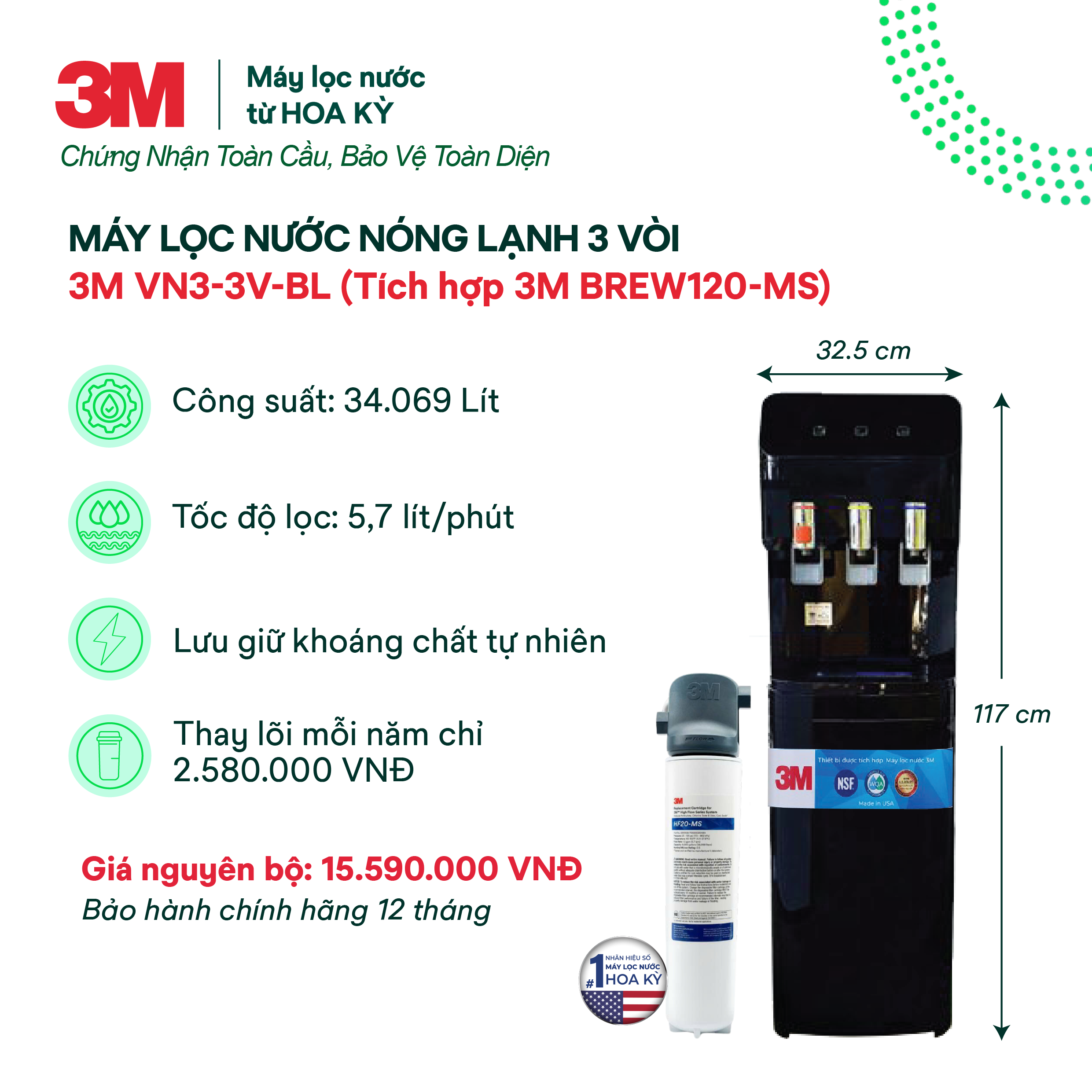 Cây Lọc Nước Nóng Lạnh VN3-3V (Tích Hợp Máy Lọc Nước 3M BREW120-MS) - Màu Đen