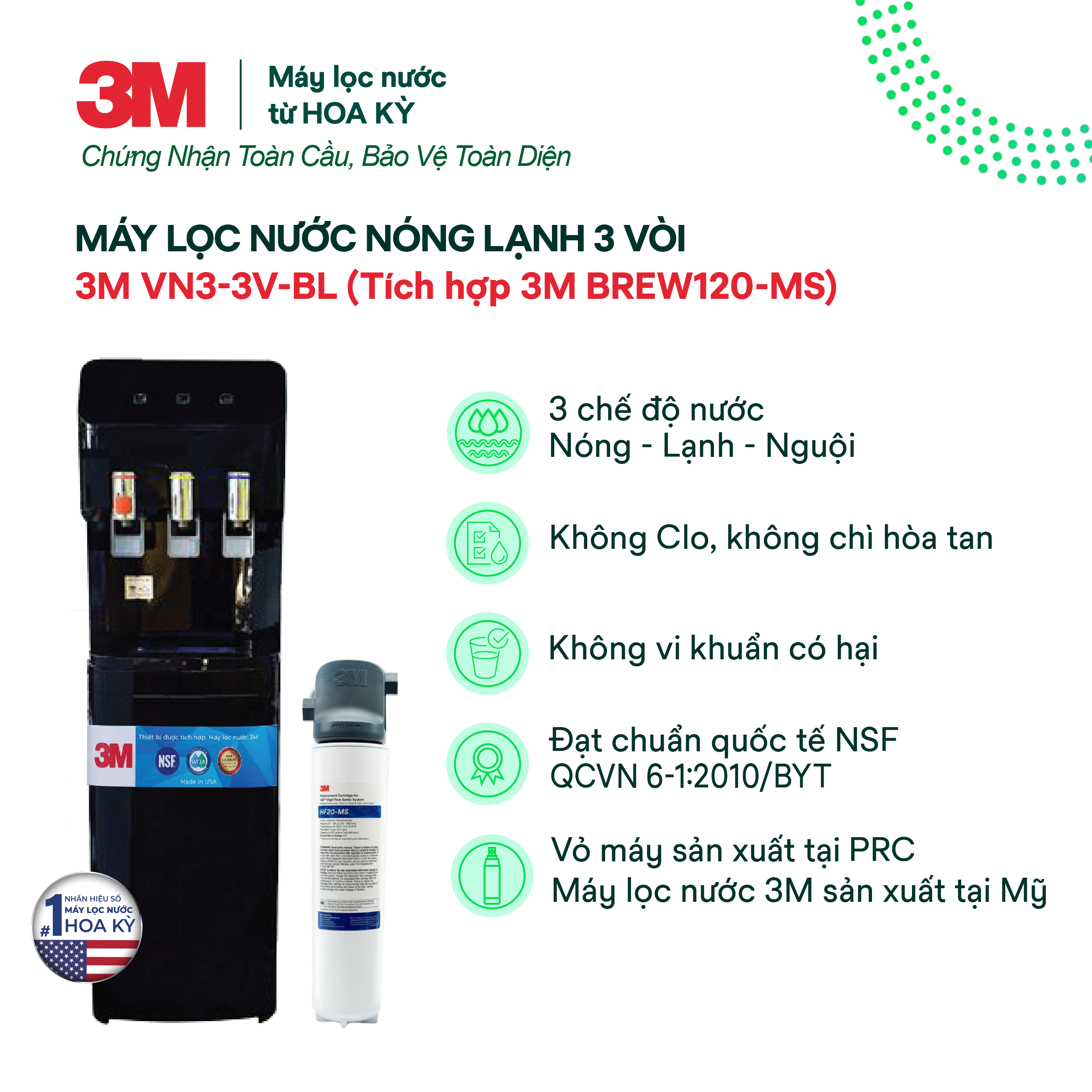 Cây Lọc Nước Nóng Lạnh VN3-3V (Tích Hợp Máy Lọc Nước 3M BREW120-MS) - Màu Đen