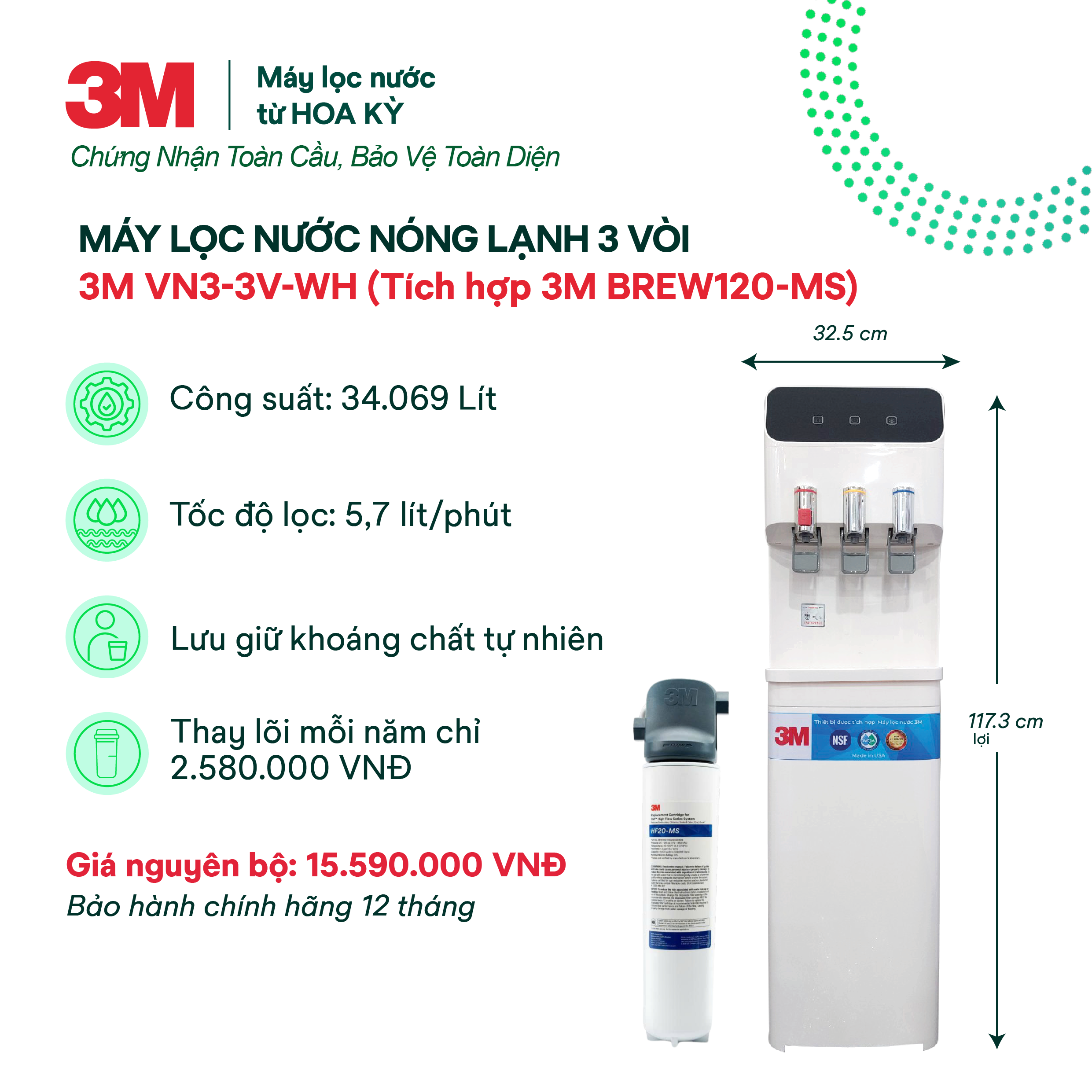 Cây Lọc Nước Nóng Lạnh 3M VN3-3V (Tích Hợp Máy Lọc Nước 3M BREW120-MS)