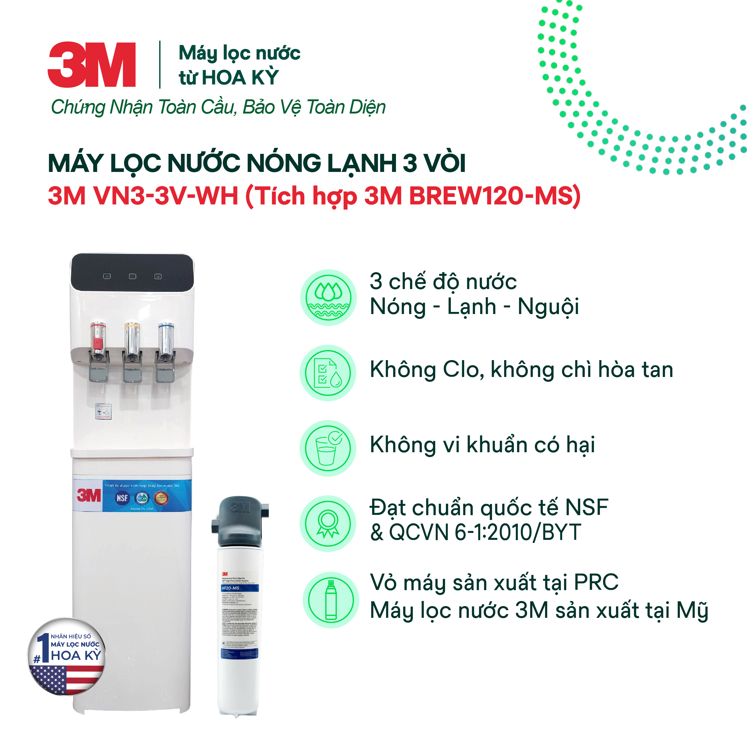 Cây Lọc Nước Nóng Lạnh 3M VN3-3V (Tích Hợp Máy Lọc Nước 3M BREW120-MS)