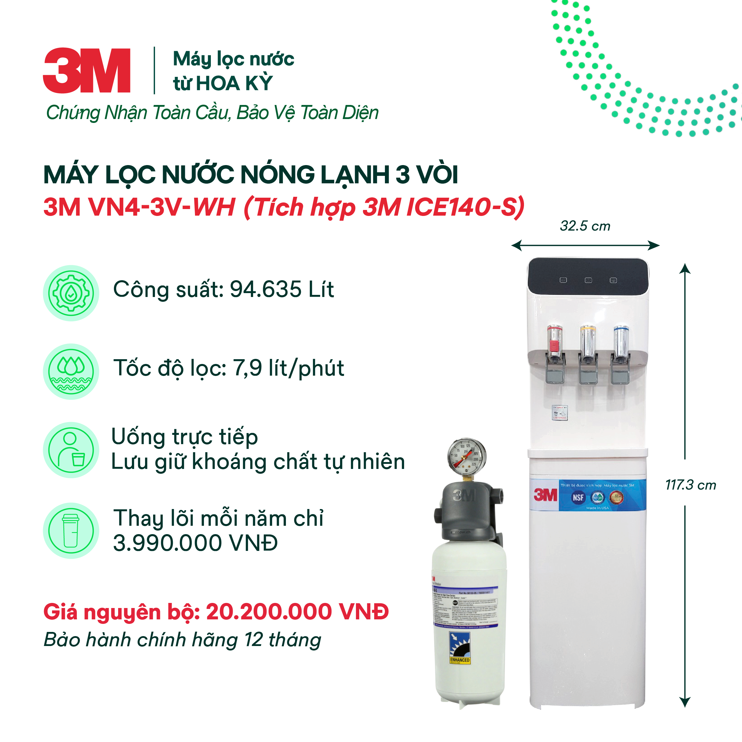 Cây Lọc Nước Nóng Lạnh 3M VN4-3V-WH- Màu Trắng (Tích Hợp Máy Lọc Nước 3M ICE140-S)
